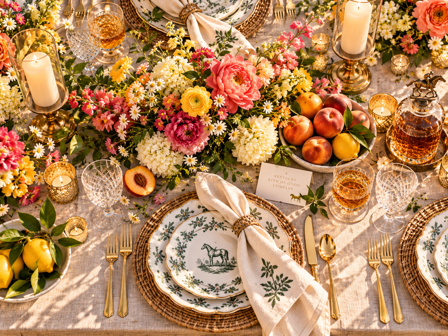 Overhead editorial tablescape with bright florals